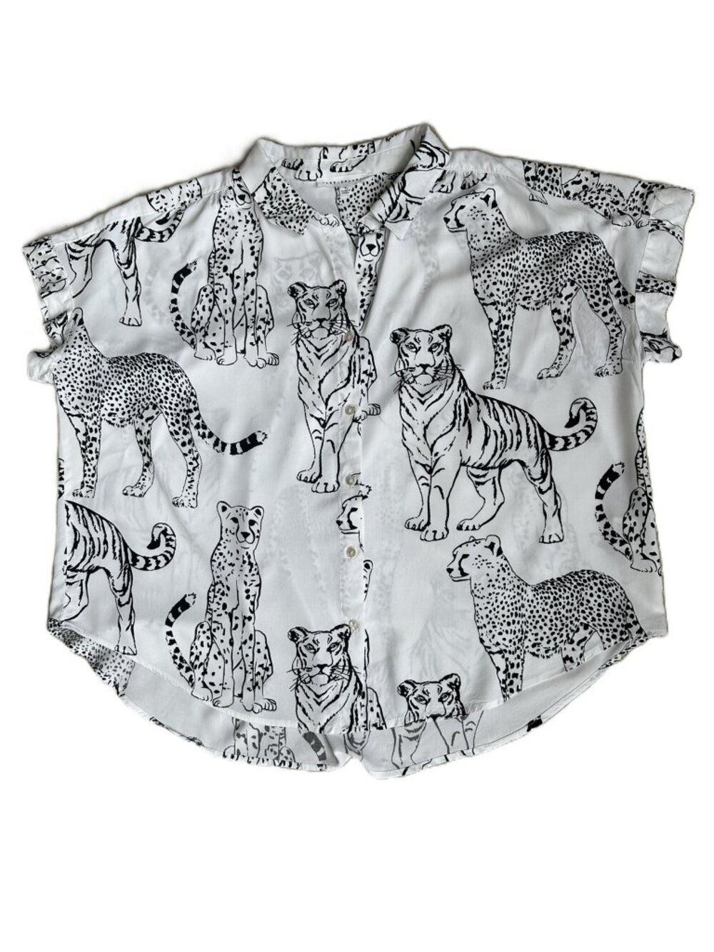 Women's XL Short-Sleeve Blouse Black and White Tigers & Cheetahs Jane Delancey - Picture 4 of 12